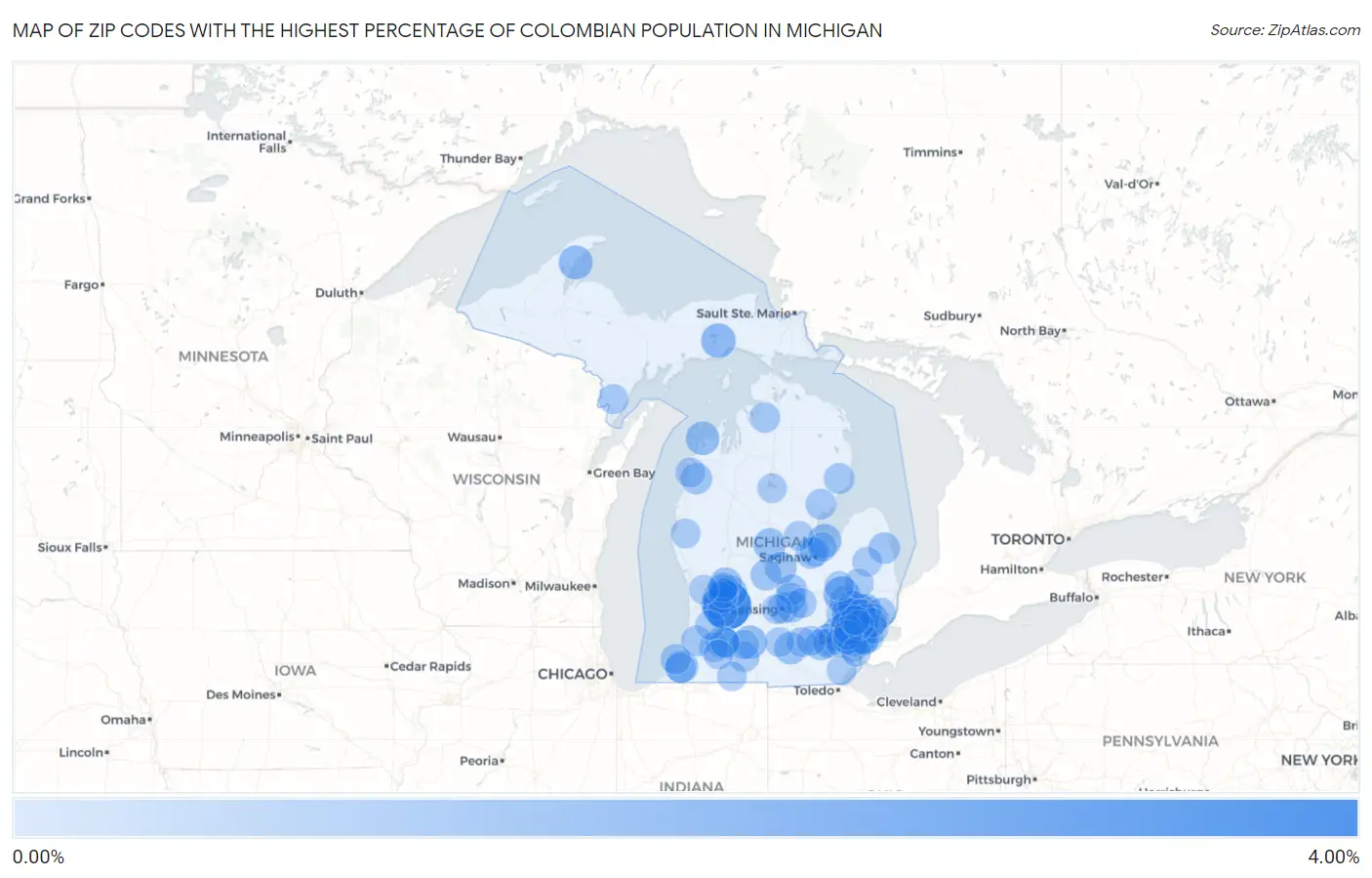 Zip Codes with the Highest Percentage of Colombian Population in Michigan Map