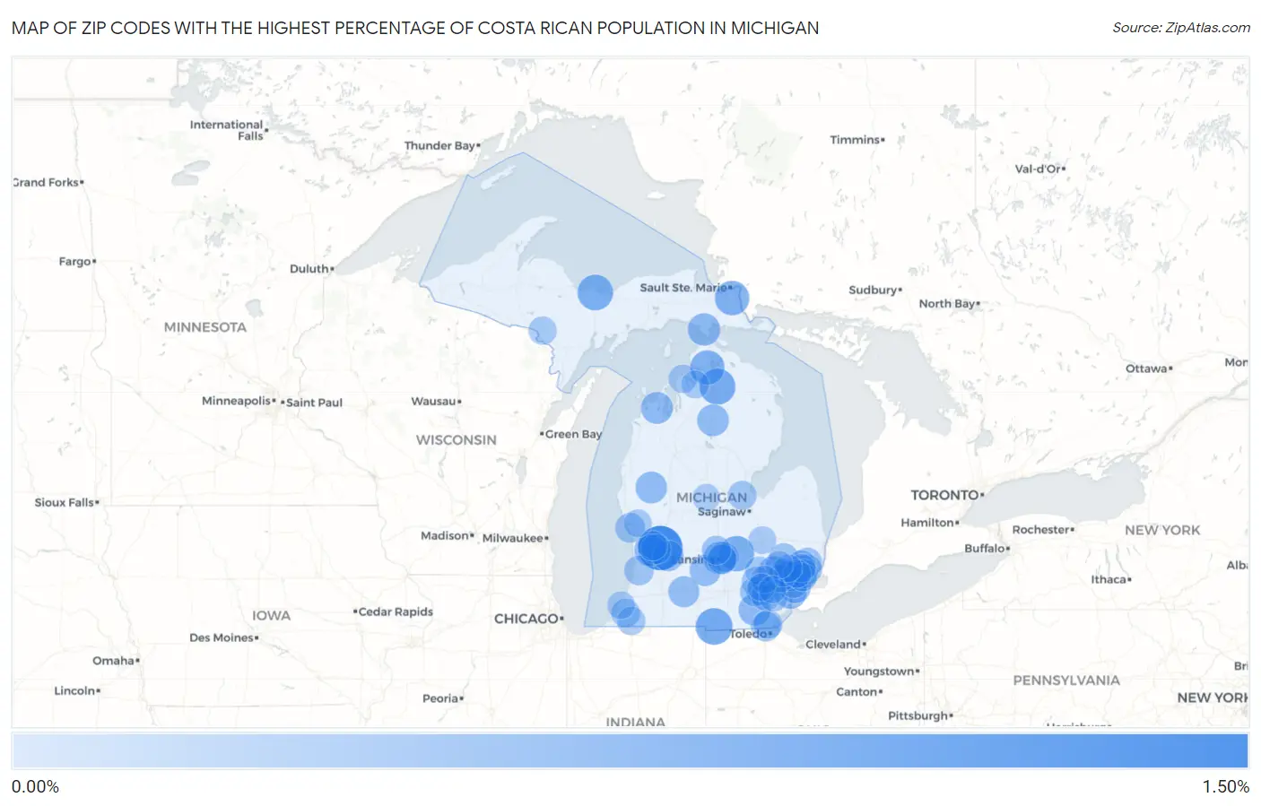 Zip Codes with the Highest Percentage of Costa Rican Population in Michigan Map