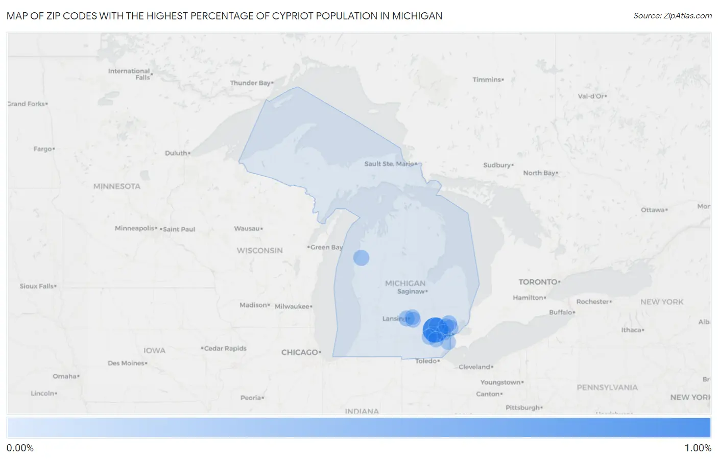 Zip Codes with the Highest Percentage of Cypriot Population in Michigan Map