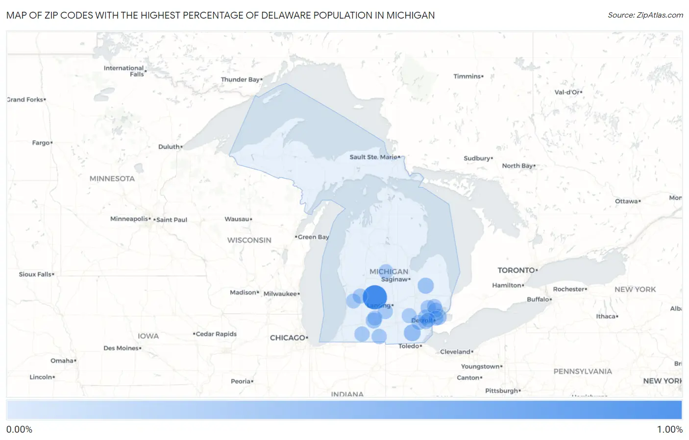 Zip Codes with the Highest Percentage of Delaware Population in Michigan Map