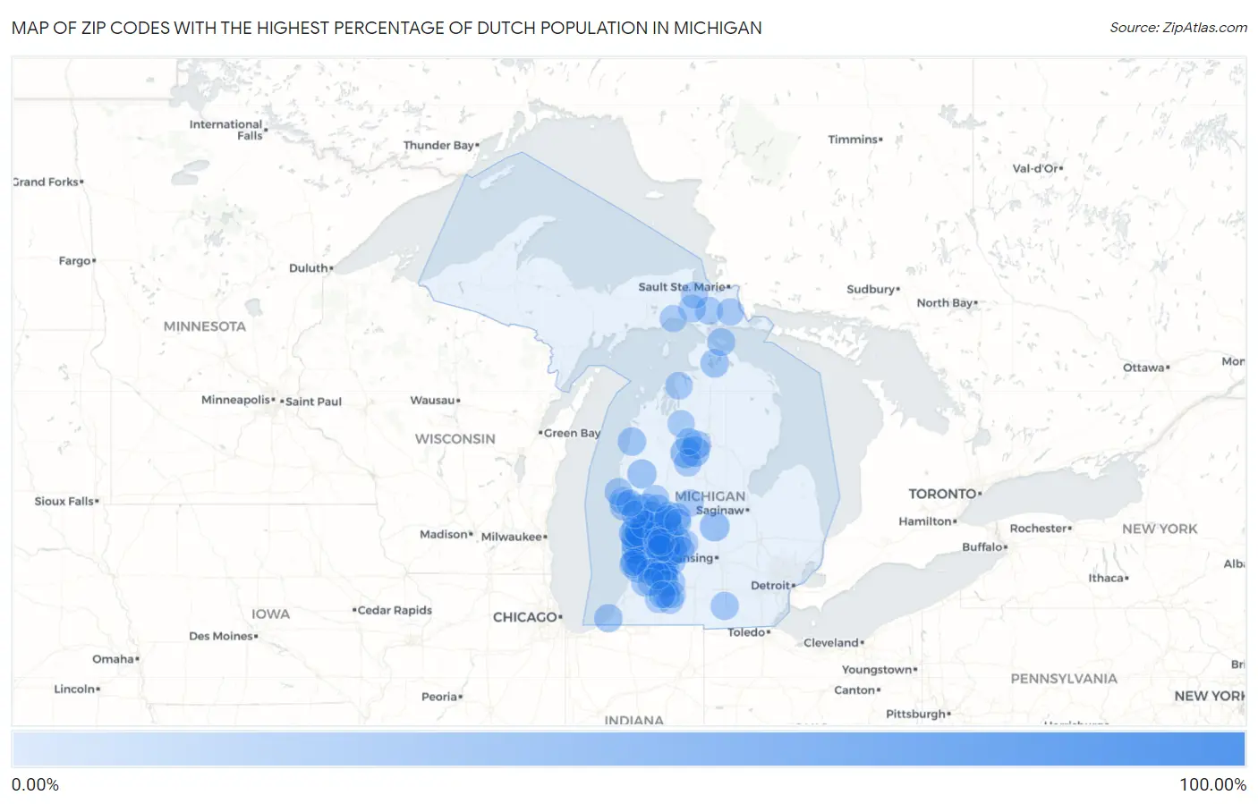 Zip Codes with the Highest Percentage of Dutch Population in Michigan Map