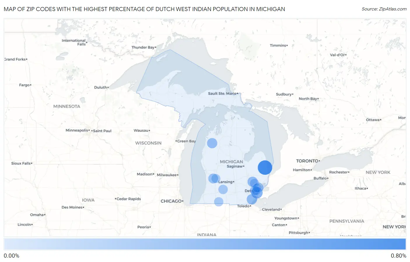 Zip Codes with the Highest Percentage of Dutch West Indian Population in Michigan Map