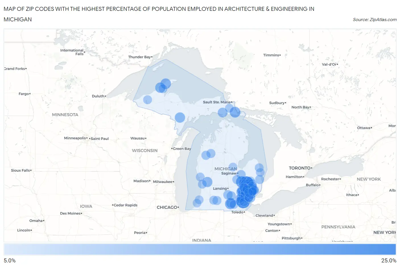 Zip Codes with the Highest Percentage of Population Employed in Architecture & Engineering in Michigan Map