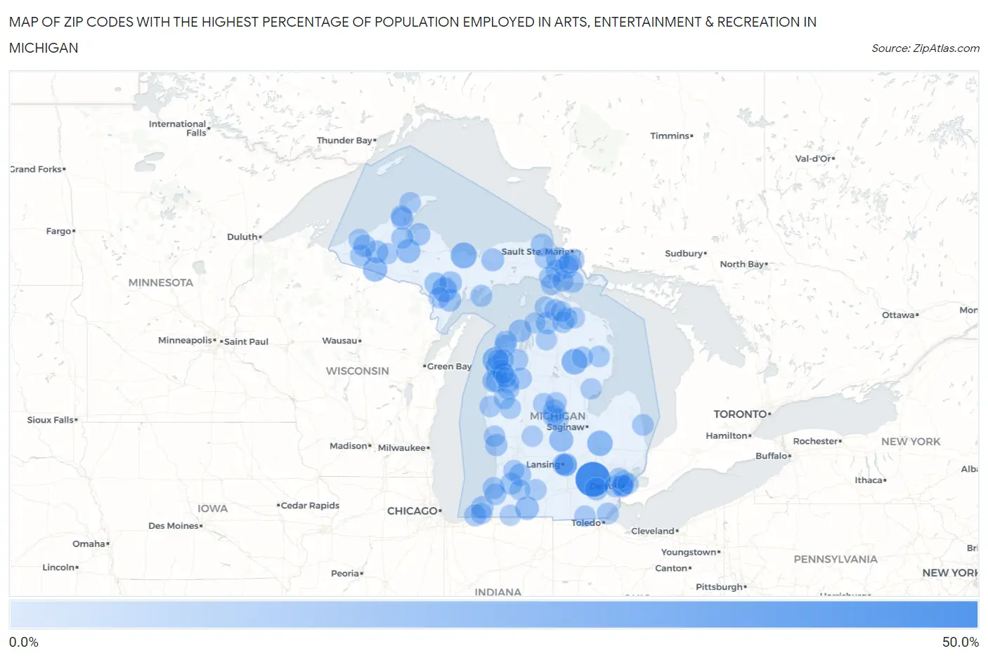 Zip Codes with the Highest Percentage of Population Employed in Arts, Entertainment & Recreation in Michigan Map