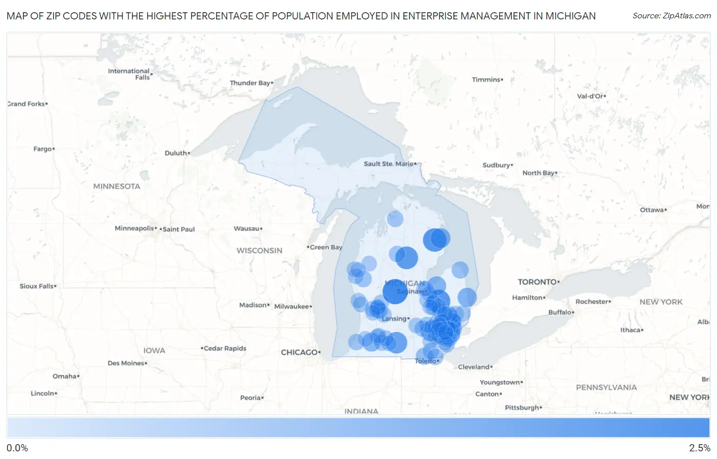 Zip Codes with the Highest Percentage of Population Employed in Enterprise Management in Michigan Map