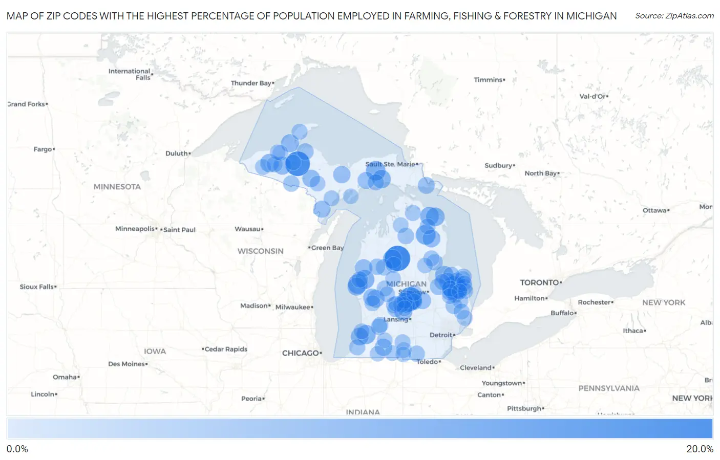 Zip Codes with the Highest Percentage of Population Employed in Farming, Fishing & Forestry in Michigan Map