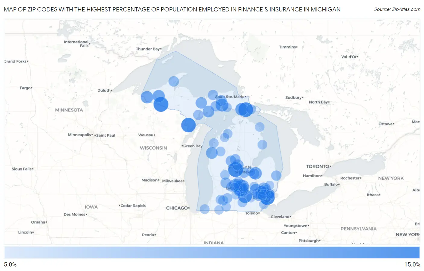 Zip Codes with the Highest Percentage of Population Employed in Finance & Insurance in Michigan Map