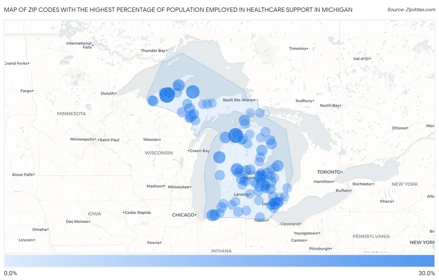 Zip Codes with the Highest Percentage of Population Employed in Healthcare Support in Michigan Map