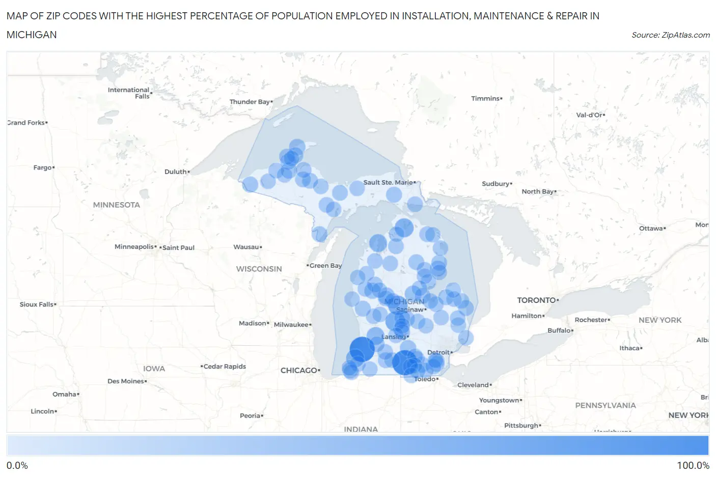 Zip Codes with the Highest Percentage of Population Employed in Installation, Maintenance & Repair in Michigan Map