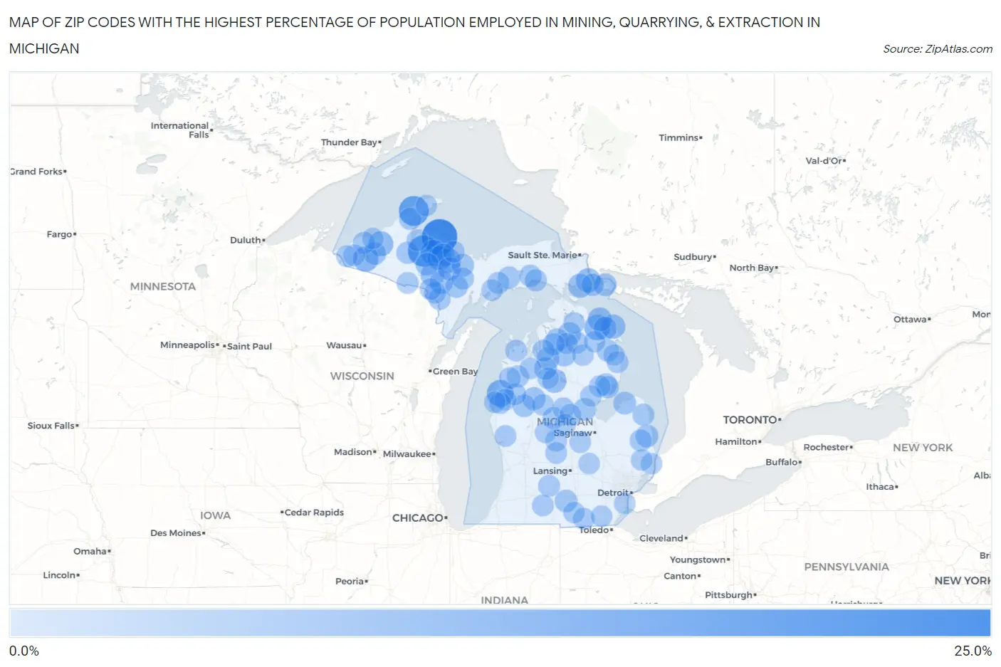 Zip Codes with the Highest Percentage of Population Employed in Mining, Quarrying, & Extraction in Michigan Map