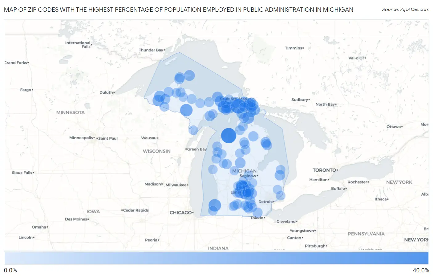 Zip Codes with the Highest Percentage of Population Employed in Public Administration in Michigan Map