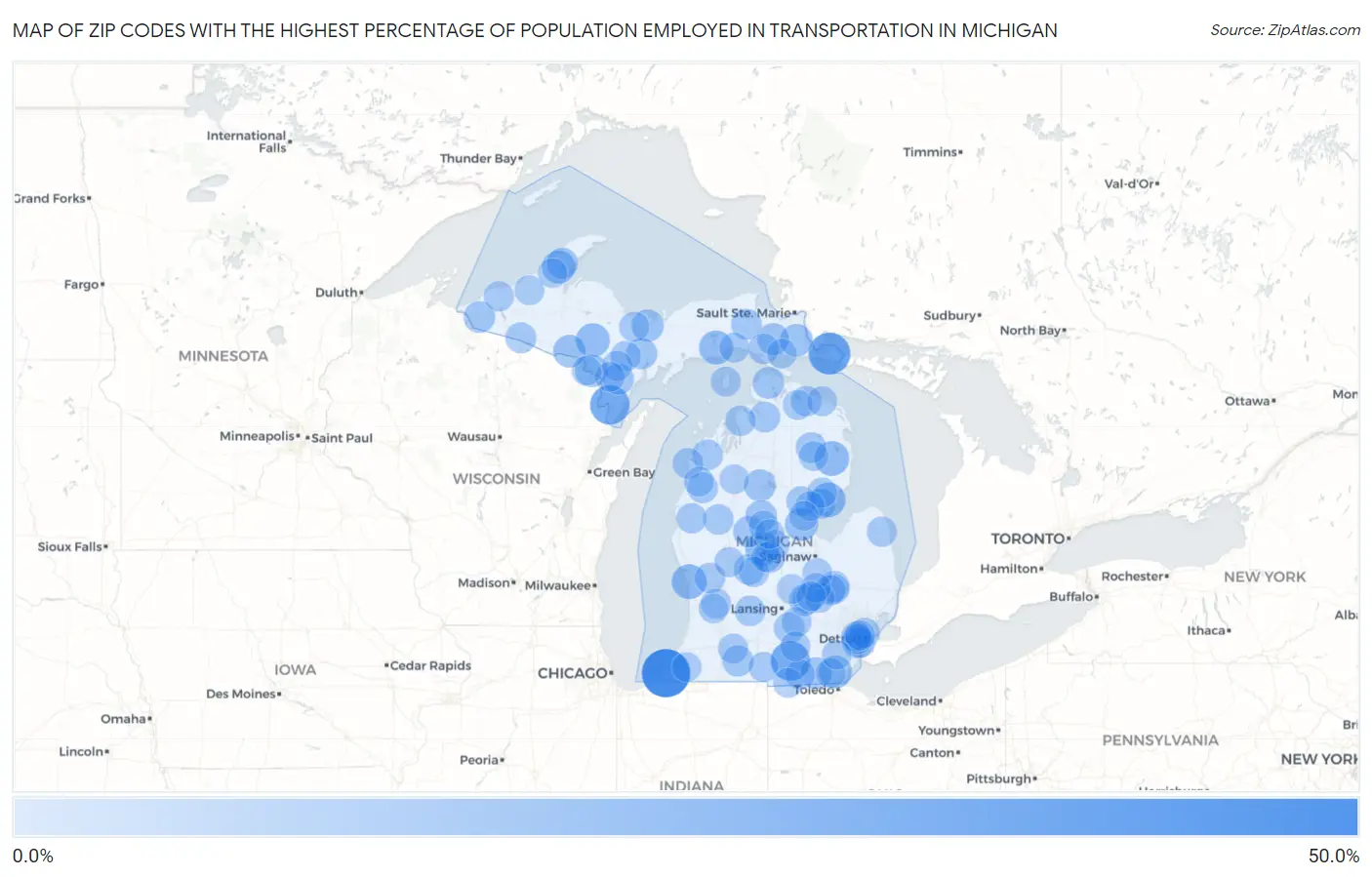 Zip Codes with the Highest Percentage of Population Employed in Transportation in Michigan Map