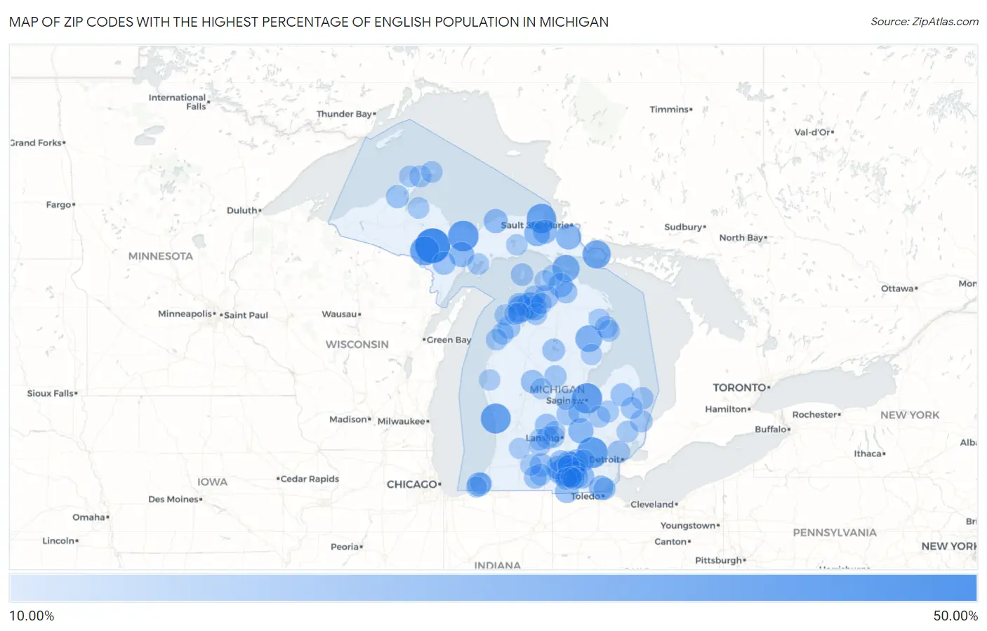 Zip Codes with the Highest Percentage of English Population in Michigan Map