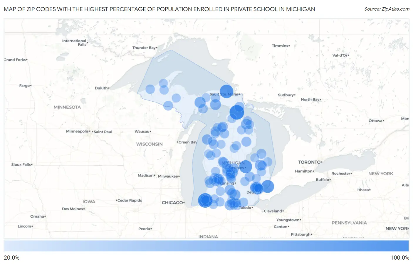 Zip Codes with the Highest Percentage of Population Enrolled in Private School in Michigan Map