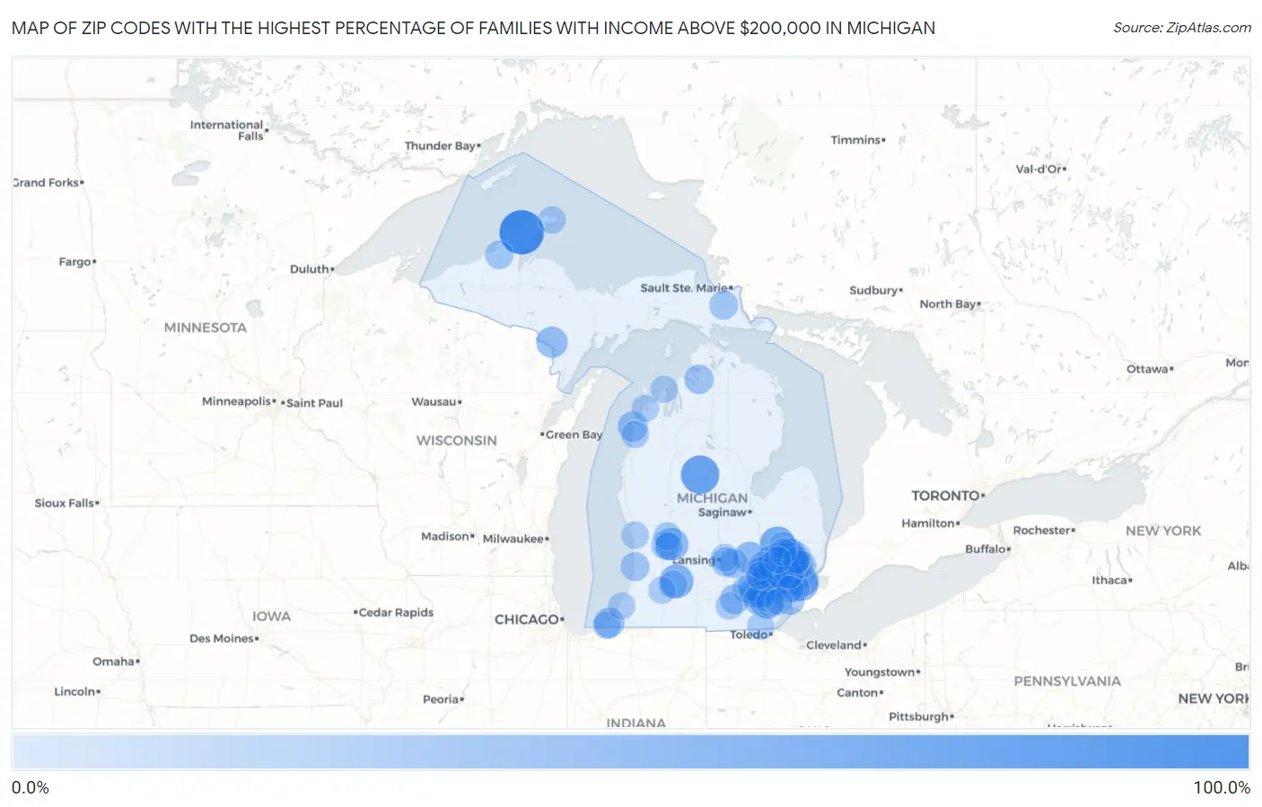 Zip Codes with the Highest Percentage of Families with Income Above $200,000 in Michigan Map