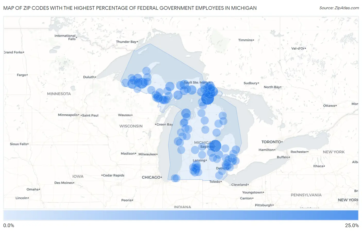 Zip Codes with the Highest Percentage of Federal Government Employees in Michigan Map