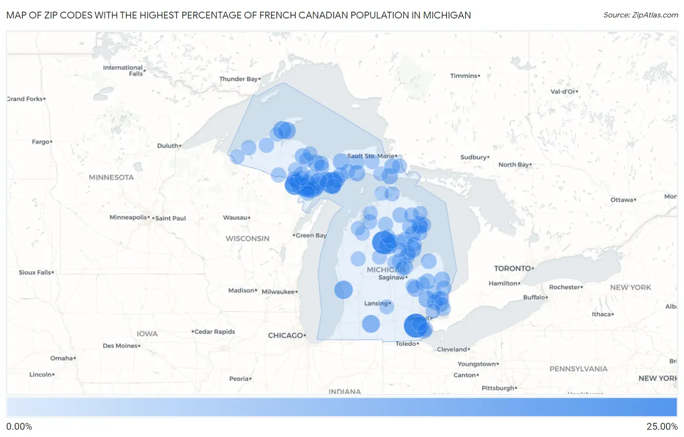 Zip Codes with the Highest Percentage of French Canadian Population in Michigan Map