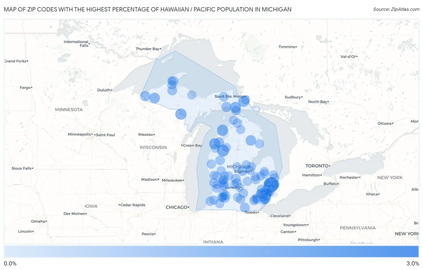 Zip Codes with the Highest Percentage of Hawaiian / Pacific Population in Michigan Map