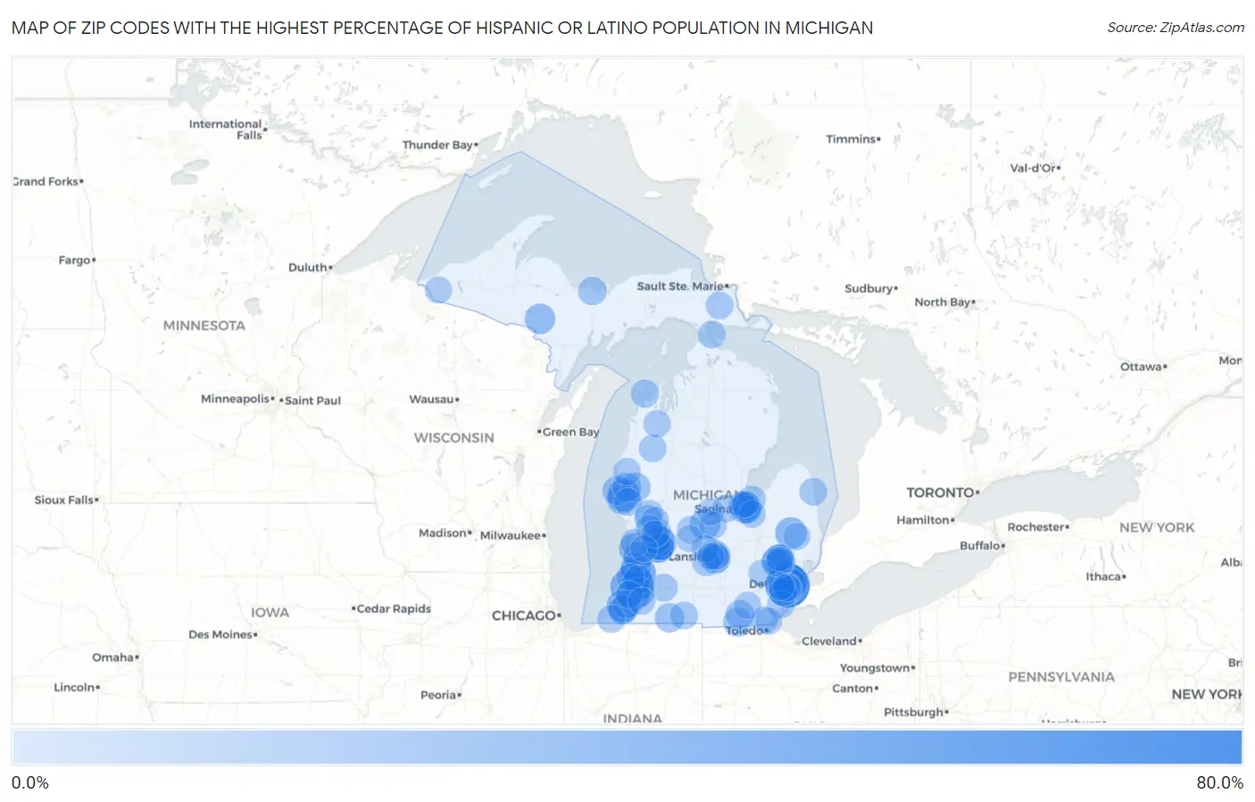 Zip Codes with the Highest Percentage of Hispanic or Latino Population in Michigan Map