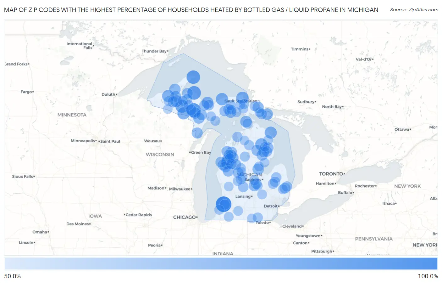 Zip Codes with the Highest Percentage of Households Heated by Bottled Gas / Liquid Propane in Michigan Map
