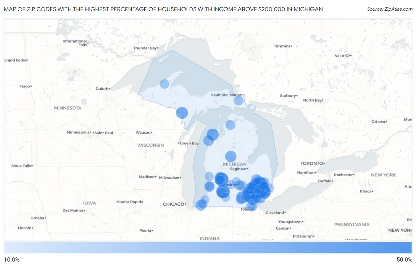 Zip Codes with the Highest Percentage of Households with Income Above $200,000 in Michigan Map