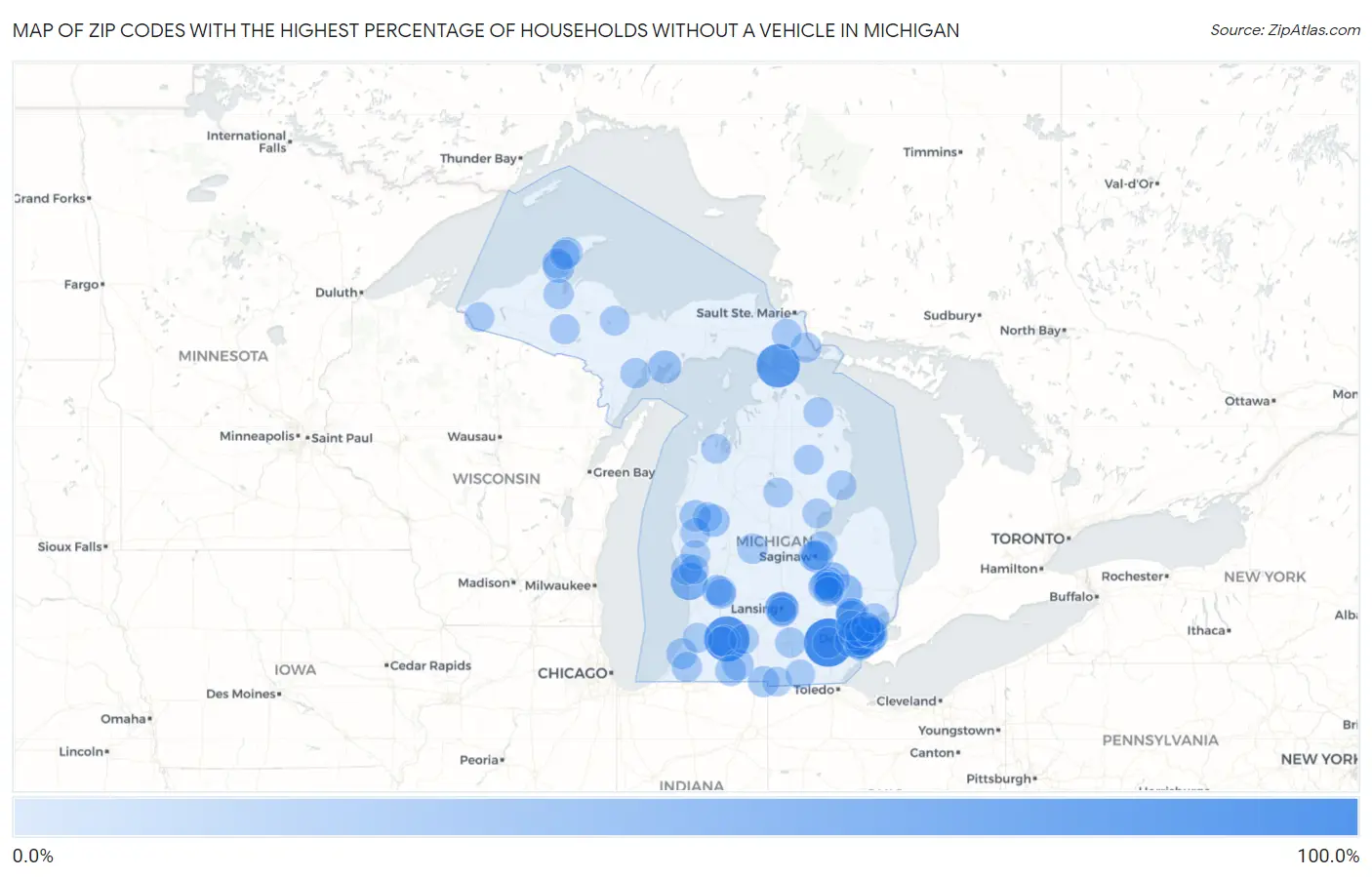 Zip Codes with the Highest Percentage of Households Without a Vehicle in Michigan Map