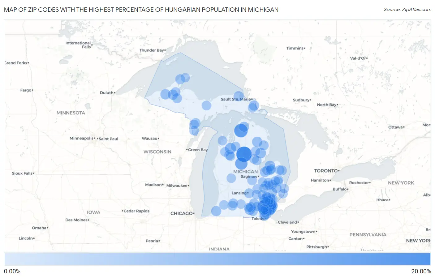 Zip Codes with the Highest Percentage of Hungarian Population in Michigan Map