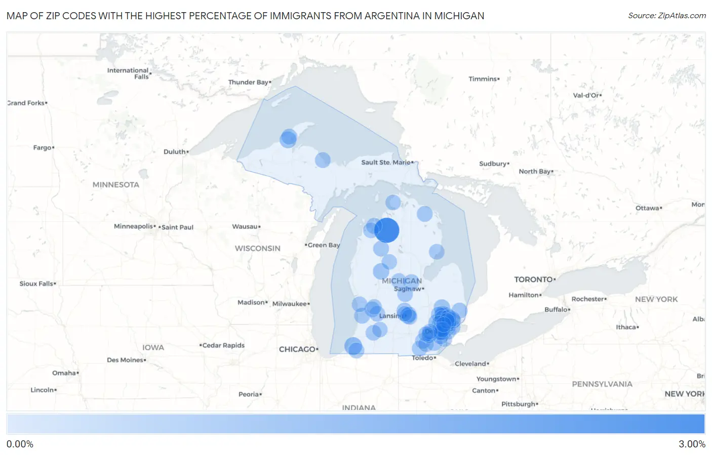 Zip Codes with the Highest Percentage of Immigrants from Argentina in Michigan Map