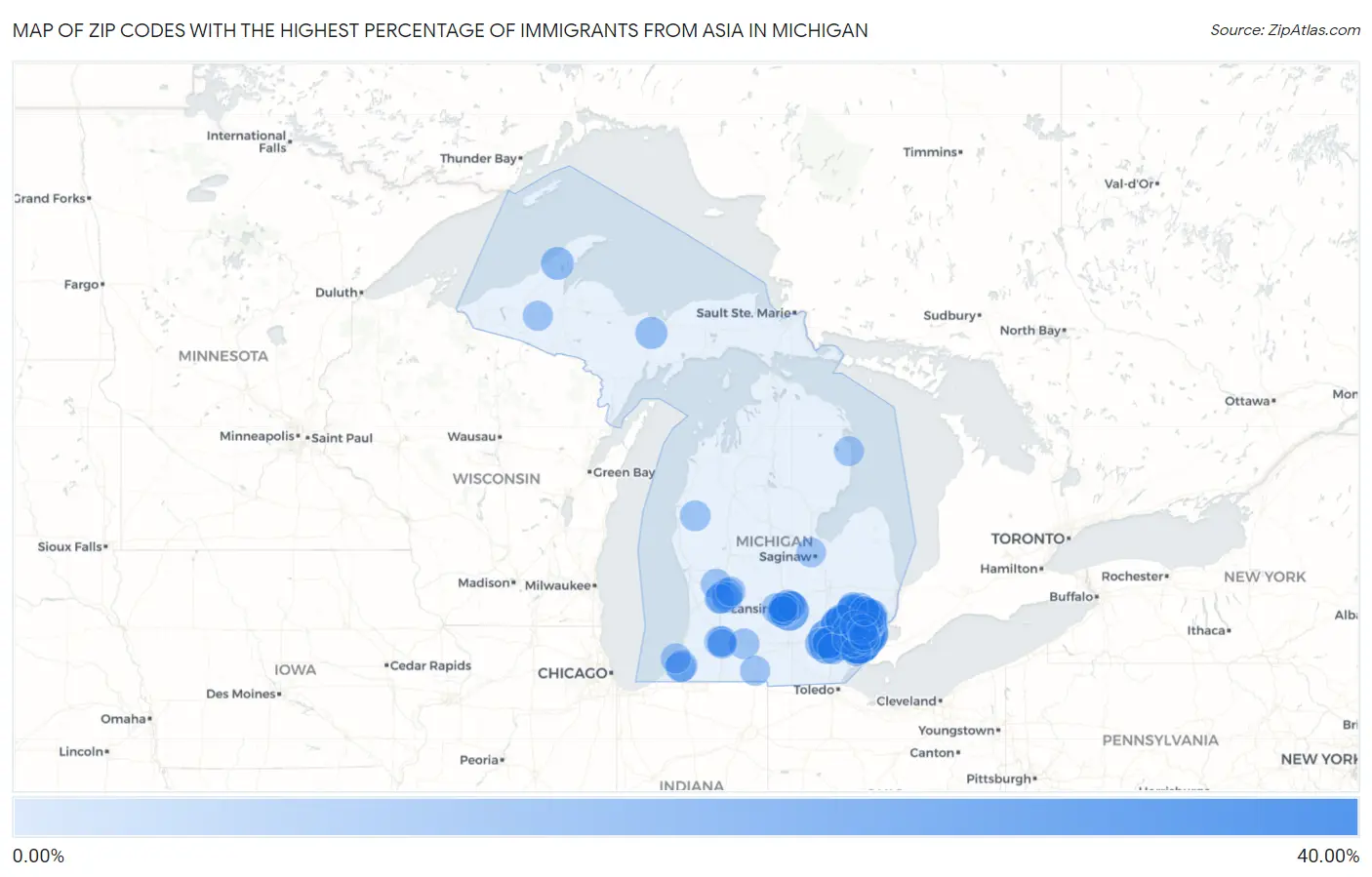 Zip Codes with the Highest Percentage of Immigrants from Asia in Michigan Map