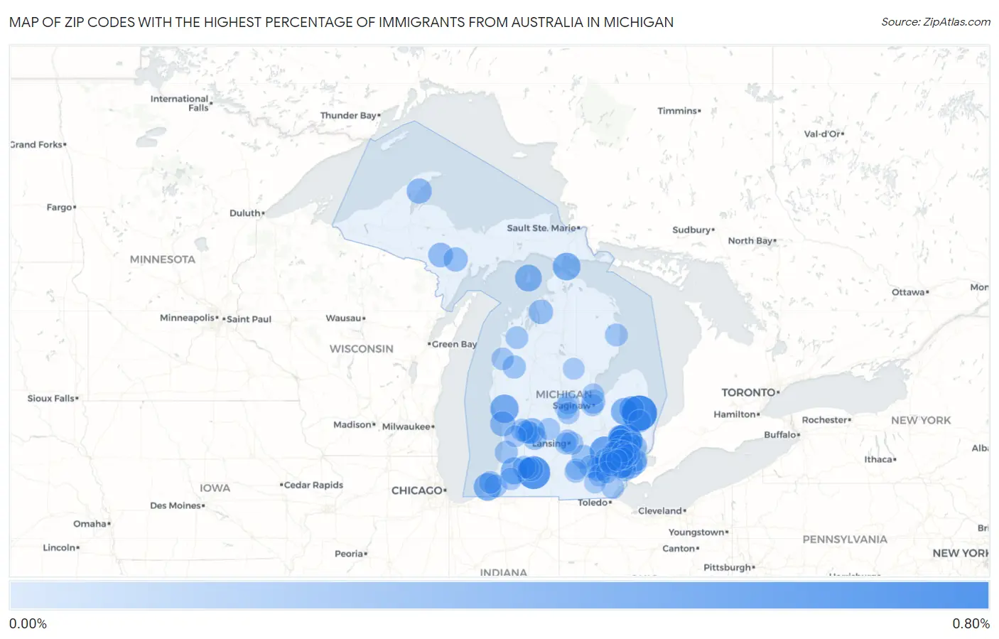 Zip Codes with the Highest Percentage of Immigrants from Australia in Michigan Map