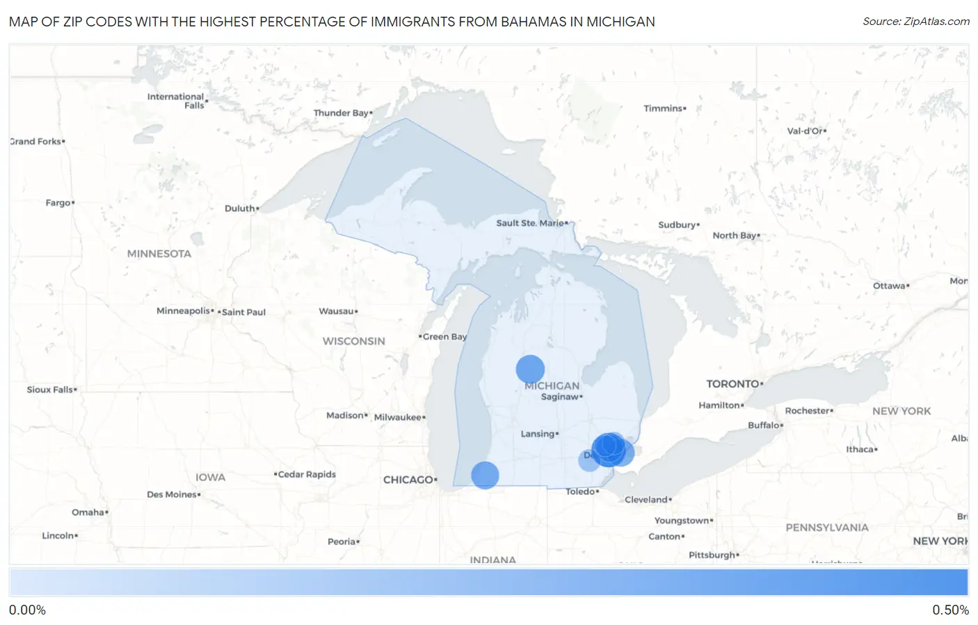 Zip Codes with the Highest Percentage of Immigrants from Bahamas in Michigan Map