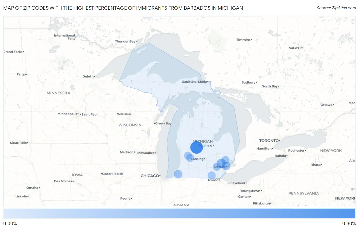 Zip Codes with the Highest Percentage of Immigrants from Barbados in Michigan Map