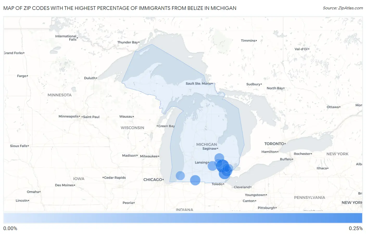Zip Codes with the Highest Percentage of Immigrants from Belize in Michigan Map