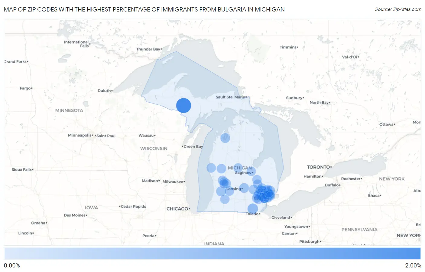 Zip Codes with the Highest Percentage of Immigrants from Bulgaria in Michigan Map