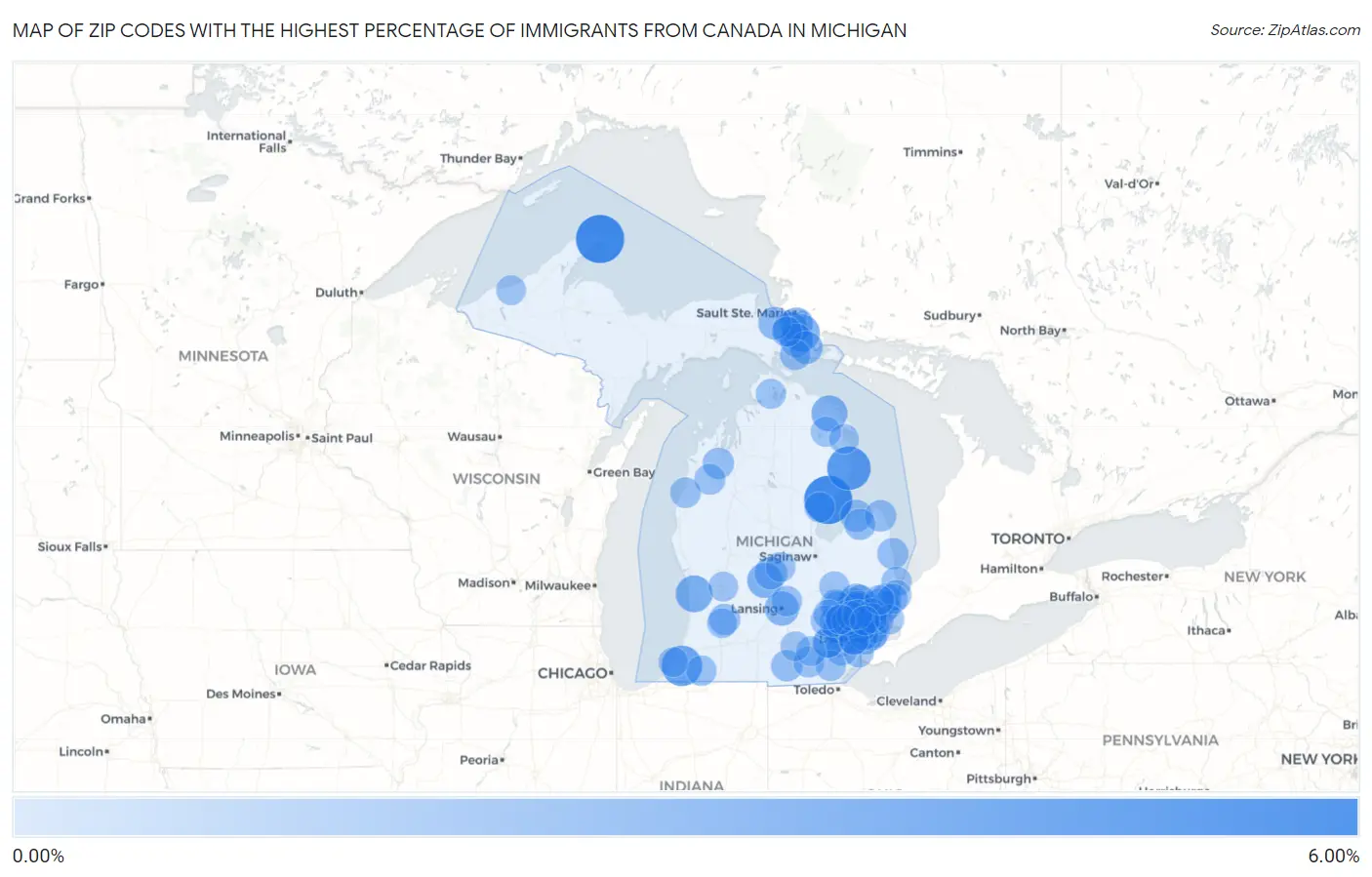 Zip Codes with the Highest Percentage of Immigrants from Canada in Michigan Map