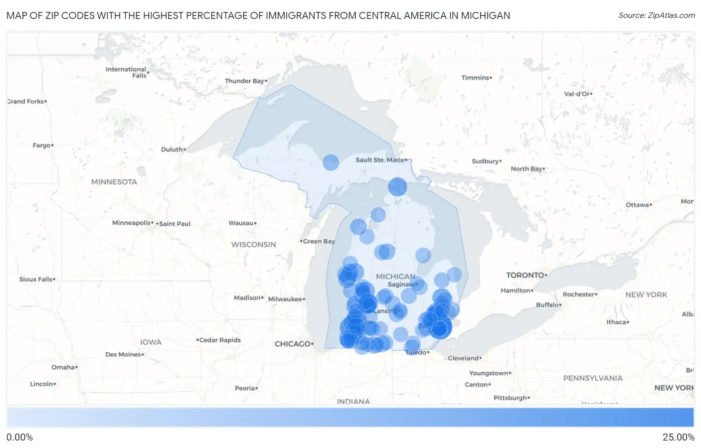 Zip Codes with the Highest Percentage of Immigrants from Central America in Michigan Map