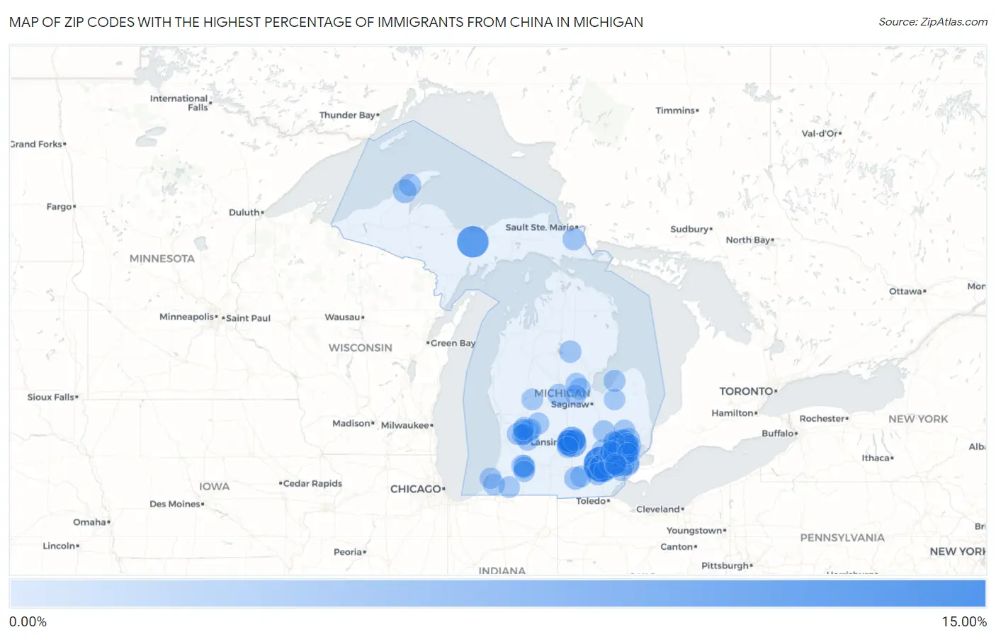 Zip Codes with the Highest Percentage of Immigrants from China in Michigan Map