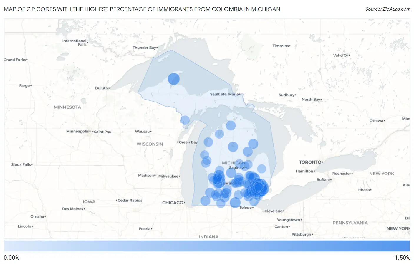 Zip Codes with the Highest Percentage of Immigrants from Colombia in Michigan Map