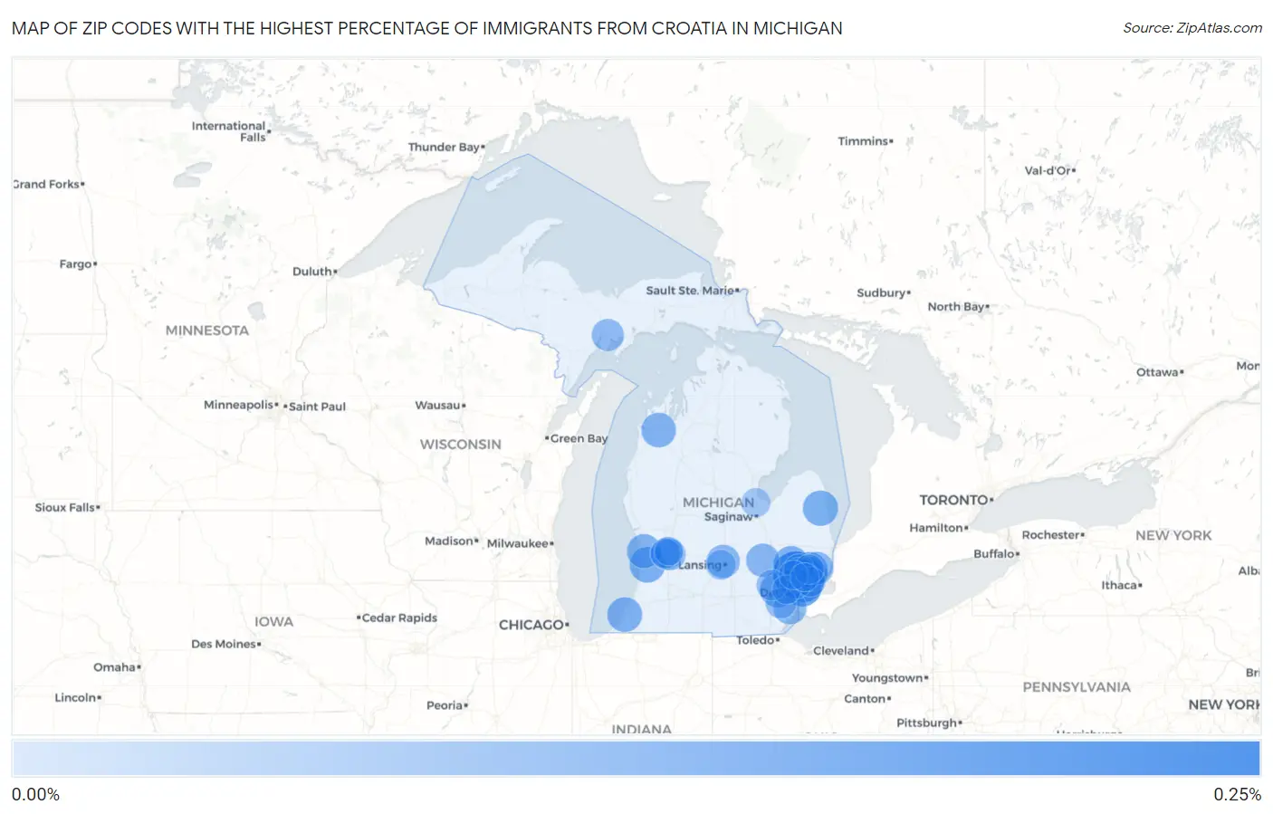 Zip Codes with the Highest Percentage of Immigrants from Croatia in Michigan Map