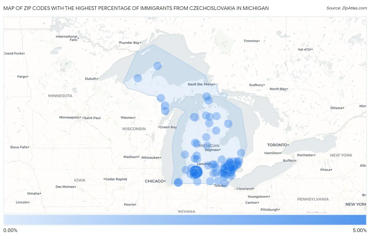 Zip Codes with the Highest Percentage of Immigrants from Czechoslovakia in Michigan Map