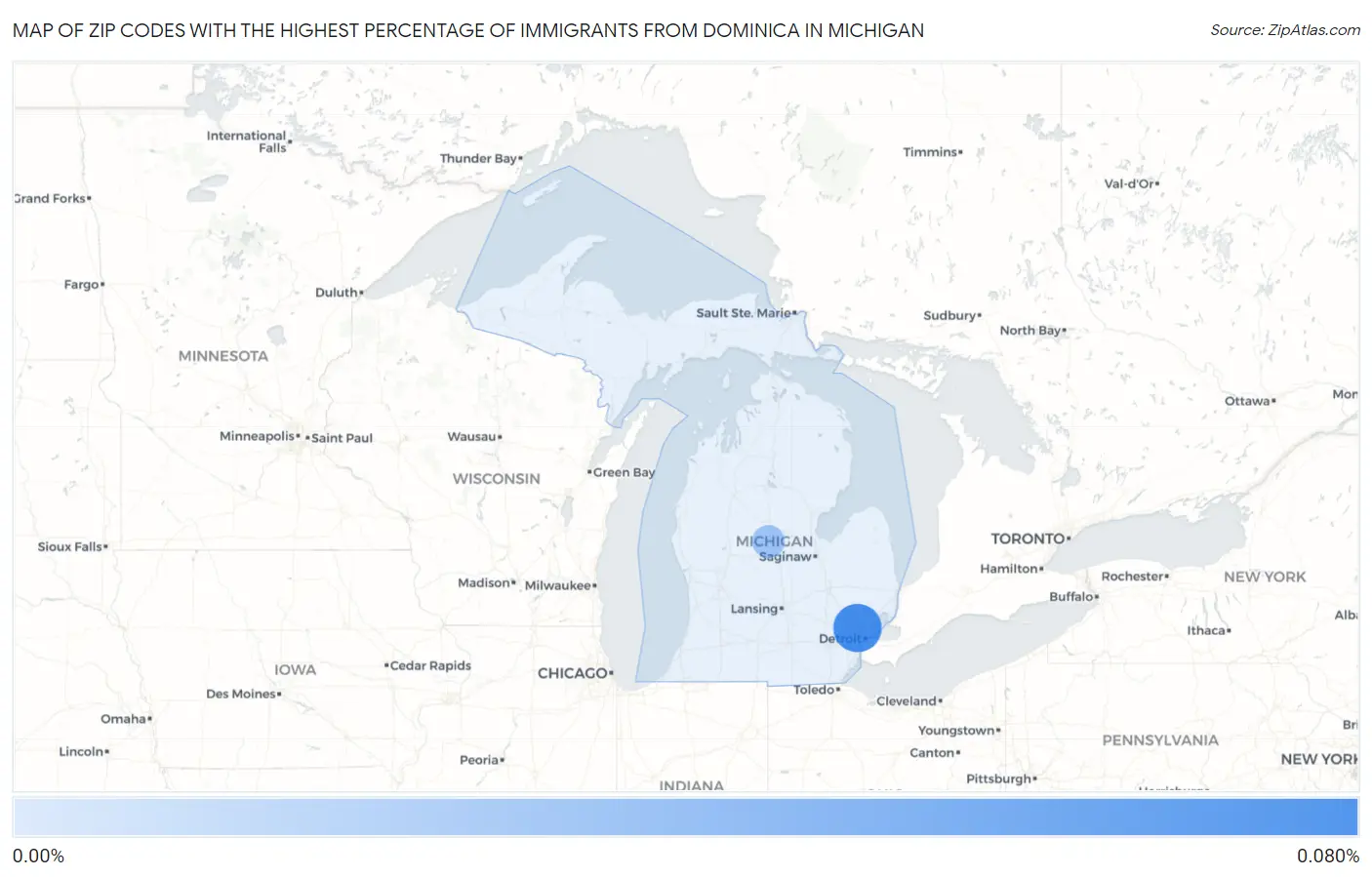 Zip Codes with the Highest Percentage of Immigrants from Dominica in Michigan Map