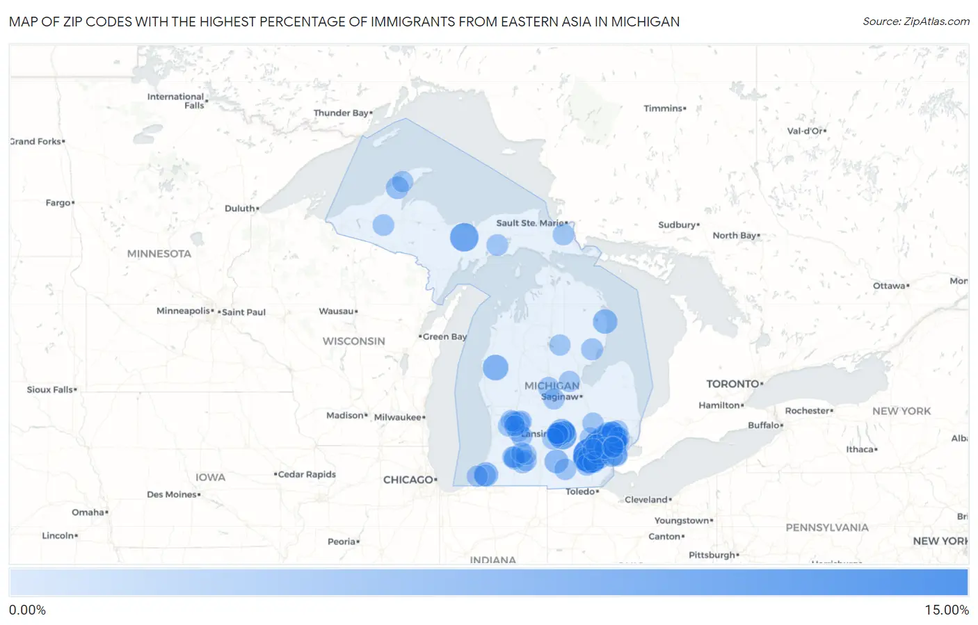 Zip Codes with the Highest Percentage of Immigrants from Eastern Asia in Michigan Map