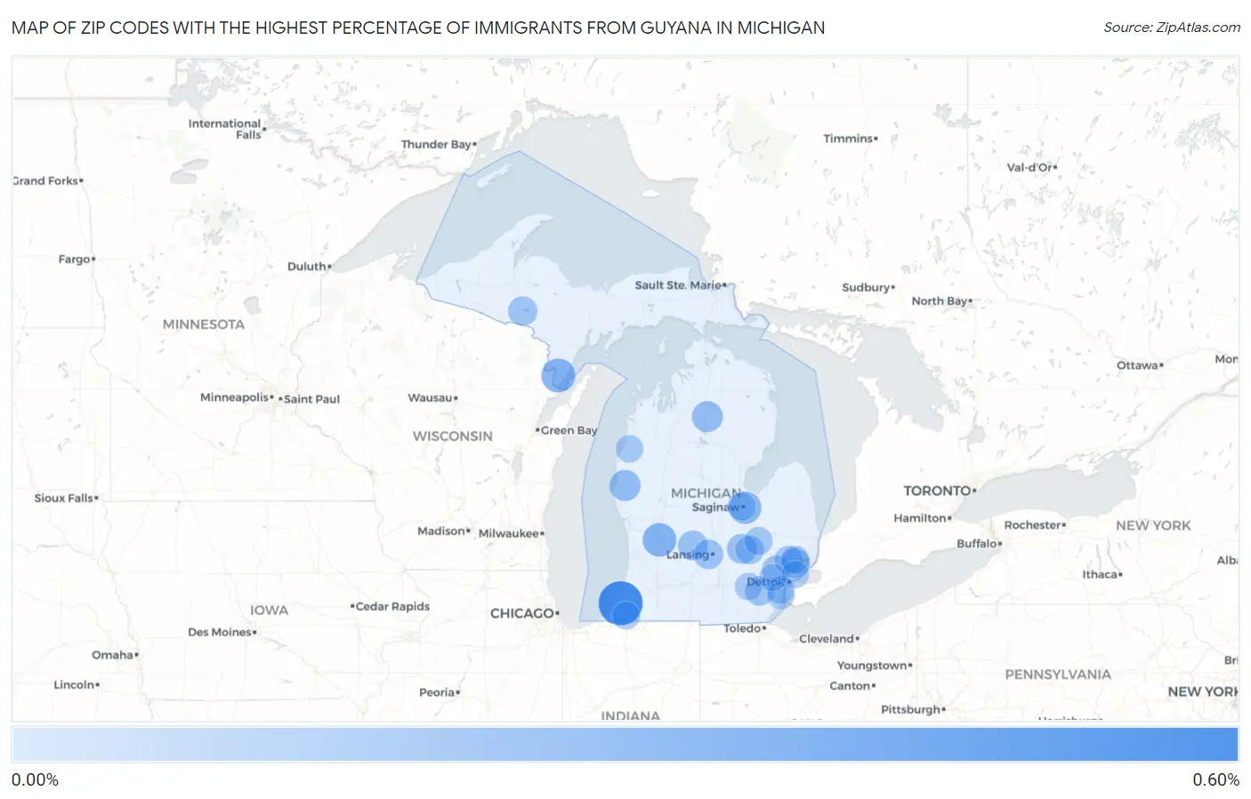 Zip Codes with the Highest Percentage of Immigrants from Guyana in Michigan Map
