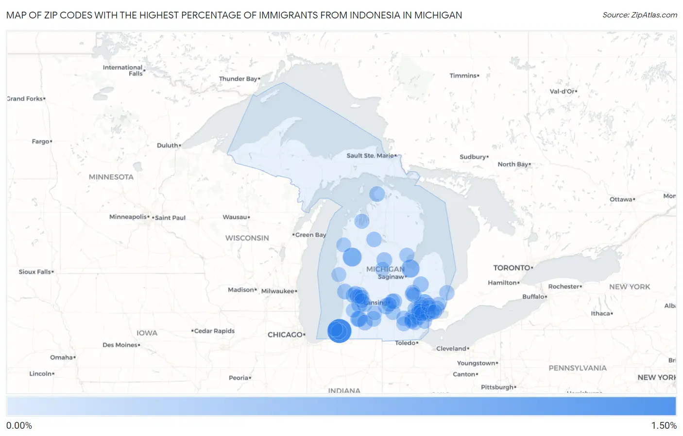 Zip Codes with the Highest Percentage of Immigrants from Indonesia in Michigan Map