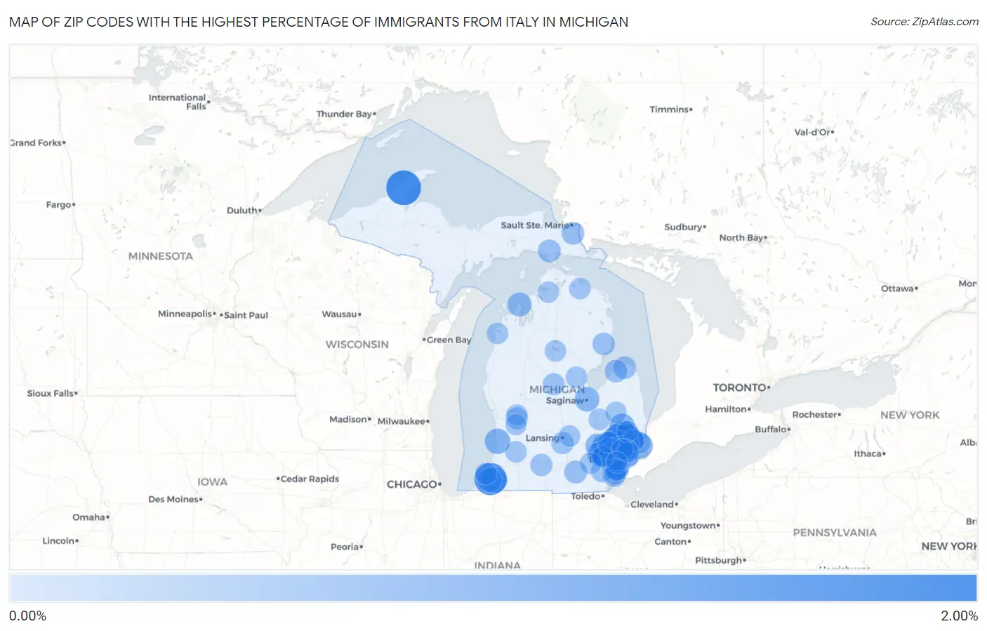 Zip Codes with the Highest Percentage of Immigrants from Italy in Michigan Map