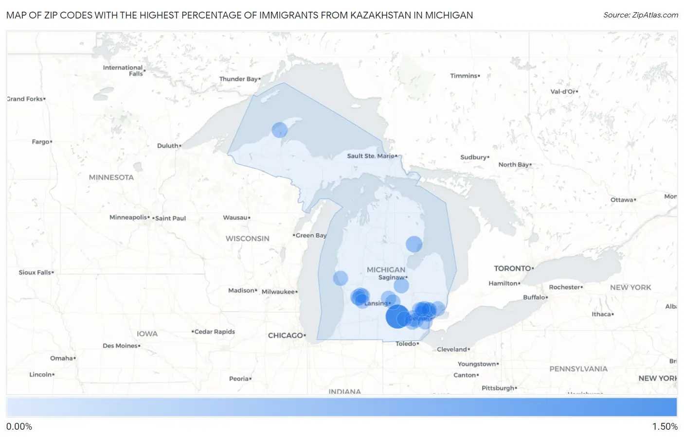 Zip Codes with the Highest Percentage of Immigrants from Kazakhstan in Michigan Map