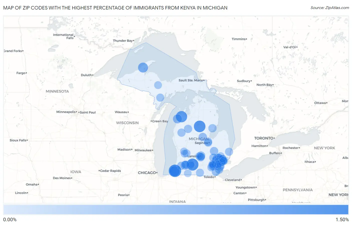 Zip Codes with the Highest Percentage of Immigrants from Kenya in Michigan Map