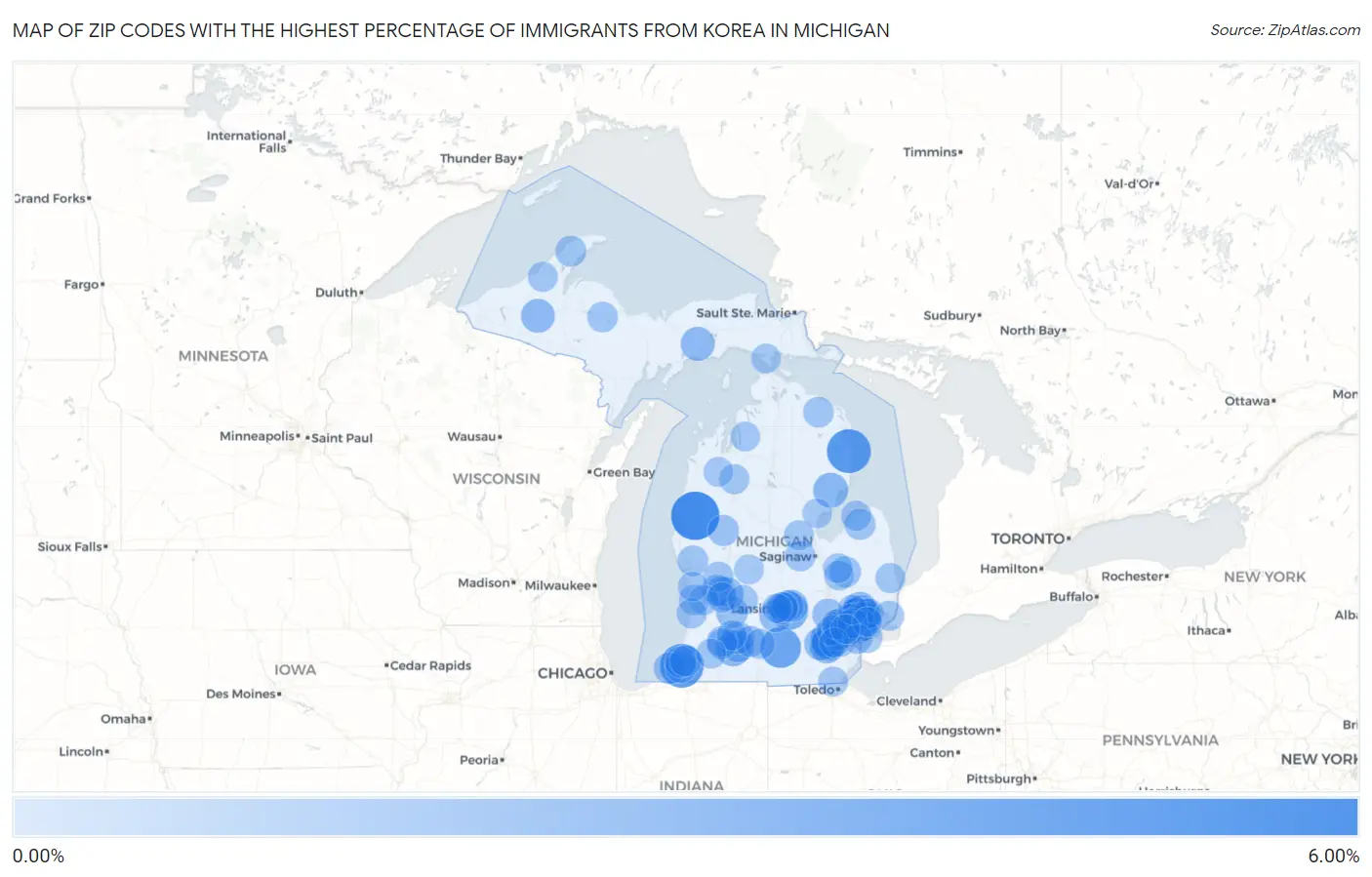 Zip Codes with the Highest Percentage of Immigrants from Korea in Michigan Map