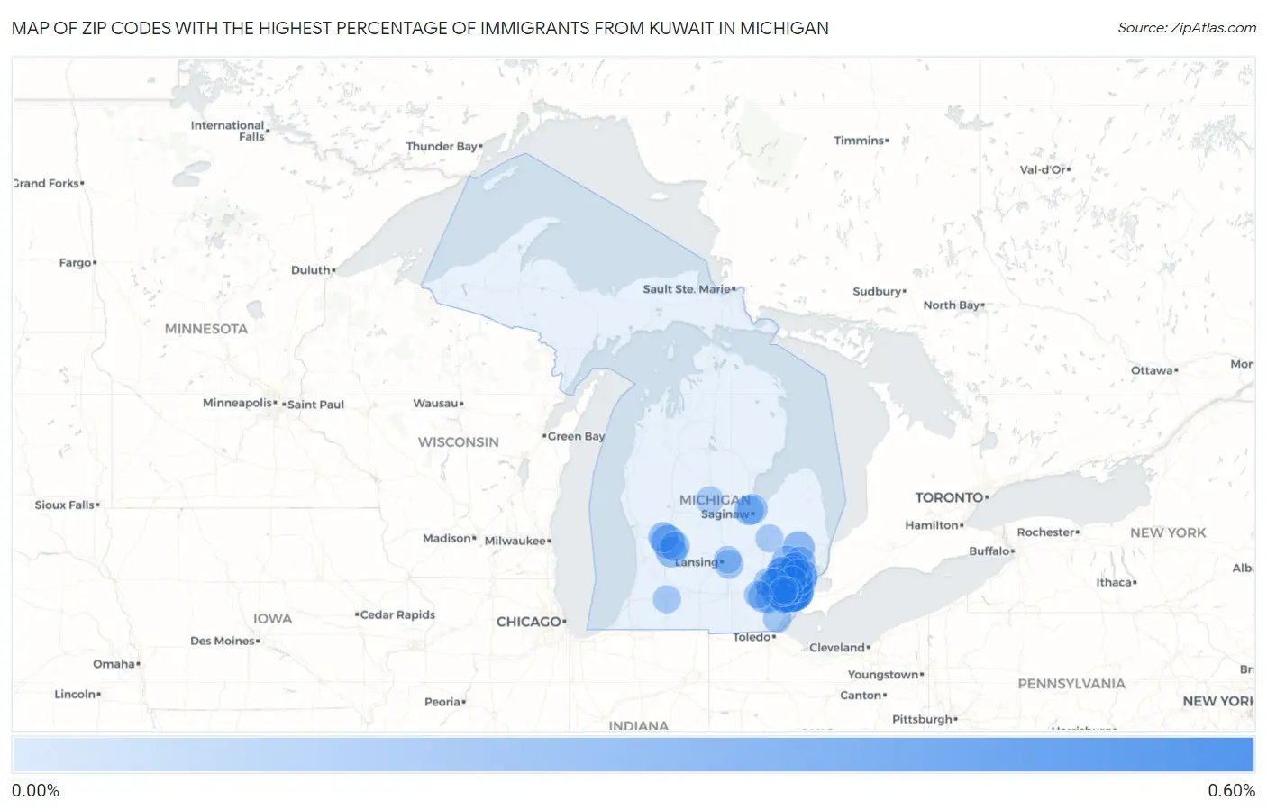 Zip Codes with the Highest Percentage of Immigrants from Kuwait in Michigan Map