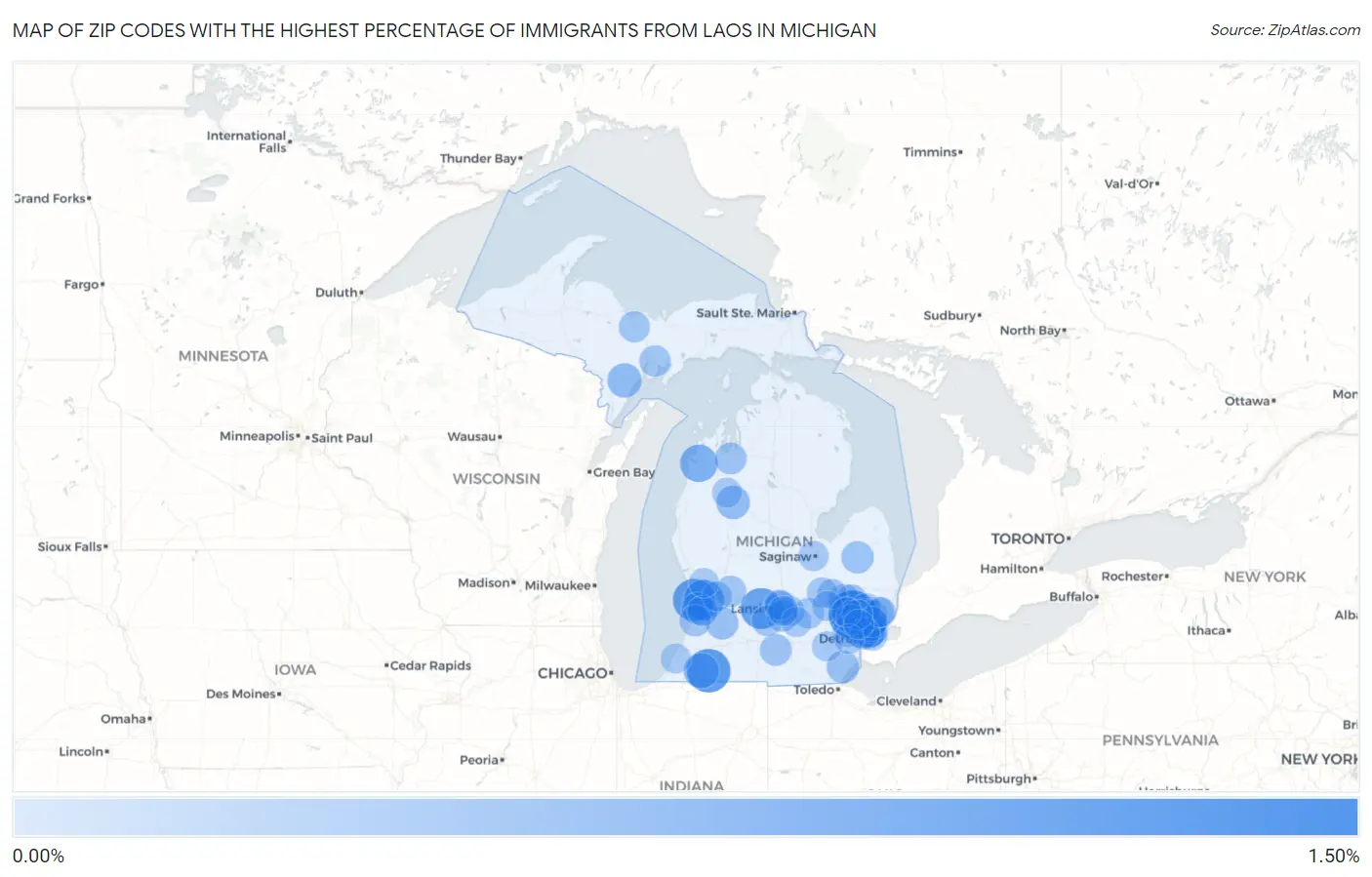Zip Codes with the Highest Percentage of Immigrants from Laos in Michigan Map